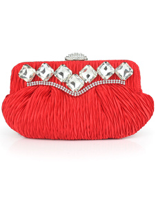 Pochette de soirée en soie unicolore plissée avec strass à bandoulière