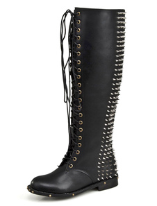 Bottes femme talon sabot de cheval en peau de vache noire cloutée à lacet