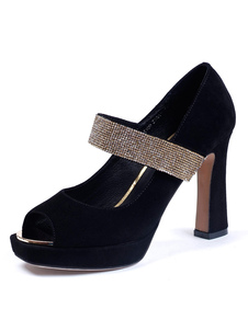 Chaussures noires à bout ouvert à talon épais avec strass