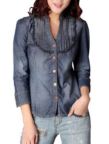 Blouse en denim bleu unicolore plissé de manche 3/4
