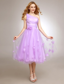 Robe de cérémonie A-ligne en tulle lilas à une épaule avec applique