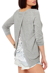 Pull gris fendu bicolore avec dentelle