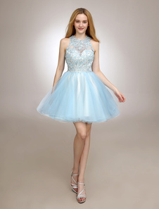 Robe fête de la rentrée en tulle bleu ciel clair avec perles