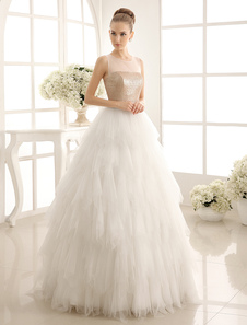 Robe de mariée avec paillette longueur plancher col rond