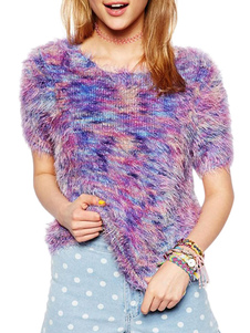 Pull femme violet coloré tricoté moulant à manches courtes