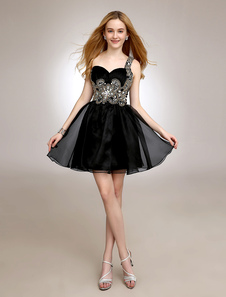 Robe de cérémonie courte en organza noir avec strass