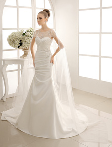 Robe mariage en satin avec paillettes de col rond traîne watteau