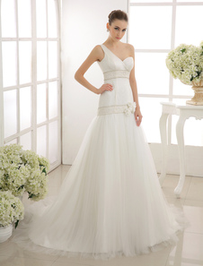 Robe de mariage avec perles et fleur à une épaule à traîne chapelle