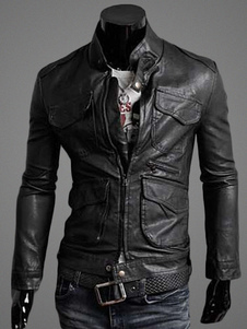 Veste homme slim en PU unicolore à col montant