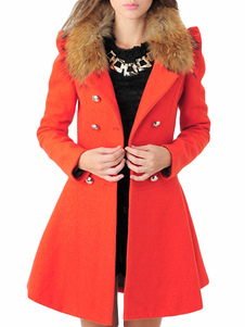 Manteau unicolore avec bouton et fausse fourrure