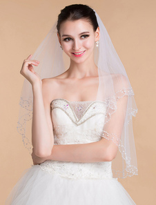 Voile ivoire à coude 2 couches en tulle avec perles