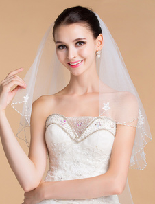 Voile à coude 2 couches en tulle avec perles et dentelle