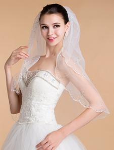 Voile ivoire à coude 2 couches en tulle avec paillettes