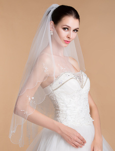 Voile ivoire à coude 2 couches avec perles