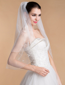 Voile nuptial à coude 2 couches en tulle avec strass