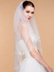 Voile à coude 2 couches en tulle orné de perles