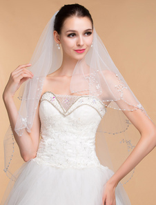 Voile à coude 2 couches en tulle avec paillette et perle