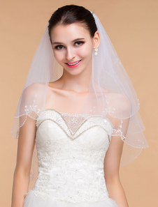 Voile à coude 2 couches en tulle avec perles