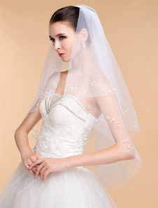 Voile à coude ivoire 2 couches en tulle avec perles