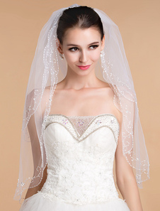 Voile ivoire à coude 2 couches en tulle orné de perles