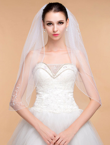 Voile à coude 2 couches en tulle ivoire avec perles