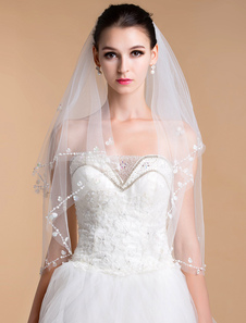 Voile de mariage 2 couches en tulle avec perles