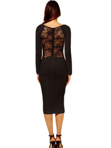 Robe de club noire avec dentelle à manche longue