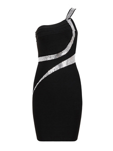 Robe bodycon noire à une épaule avec paillettes