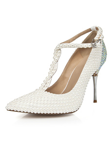 Escarpins à bout pointu en cuir verni blanc avec strass