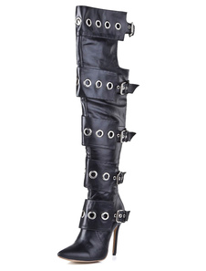 Cuissardes en peau de vache noire avec boucles