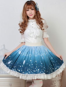 Jupe Lolita Paon bleu foncée douse magnifique en polyester impression avec dentelle
