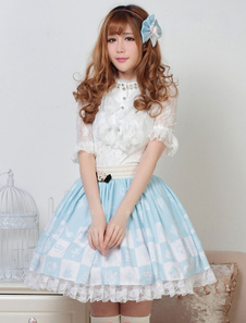 Jupe lolita bleue ciel claire en polyester avec dentelle