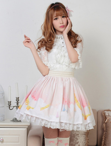 Jupe Lolita rose claire douse parfaite en polyester impression avec dentelle