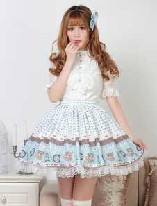 Toussaint Cospaly Costume Lolita douce Jupe bleue claire courte imprimé coeur avec dentelle