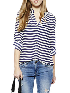 Blouse rétro en chiffon bleu marine avec rayure