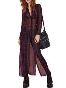 Robe maxi de chemise écossaise à manche longue