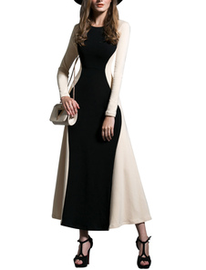 Robe maxi slim en coton noir bicolore manche longue