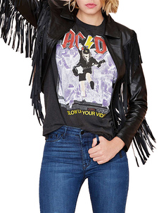 Veste de moto noir punk en PU unicolore avec frange