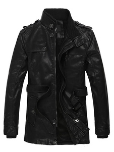 Manteau masculin en PU noir unicolore avec ceinture