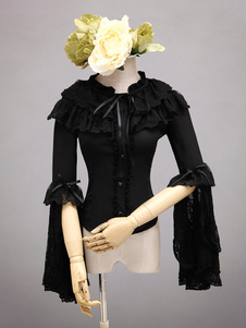Pur coton noir Lolita Blouse Hime moyen manches volants dentelle
