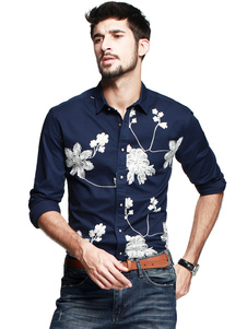 Chemise slim en coton bleu à motif fleur brodé