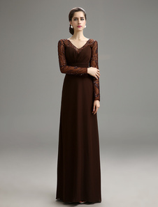 Robe mère de mariés chocolat de col V avec perle