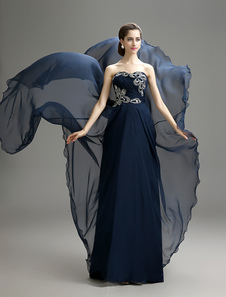 Robe mère de mariés bleue marine foncée brodée à traîne