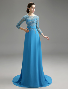 Robe mère de mariés bleue océan avec applique à traîne