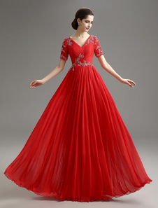 Robe mère de mariés rouge de col V avec applique