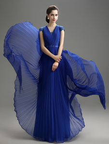 Robe mère de mariés bleue royale de col V avec dentelle