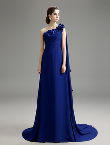 Robe mère de mariés bleue royale à une épaule et traîne