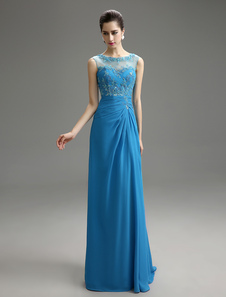 Robe mère de mariés en chiffon bleu océan avec applique