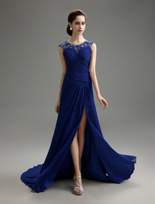 Robe mère de mariés en chiffon bleu royal à traîne