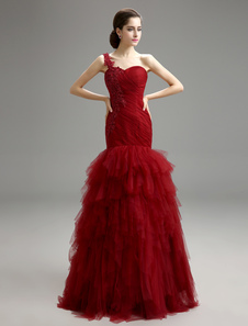 Robe mère de mariés en tulle bordeaux avec dentelle